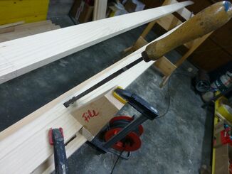 Making the mortise right angled with a file and a rasp - the wood block "File" helps to hold the file at the correct angle